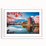 Abstract art print of a Kyoto scenery in muted watercolor shades, framed in white, ideal for bedroom or dining room decor.