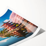 Extra large rolled print featuring line art flowers and a Kyoto scenery in muted earth tones.