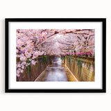Extra large abstract art print of a colorful, textured Japanese scenery on a framed black mat, ideal for living room decor.