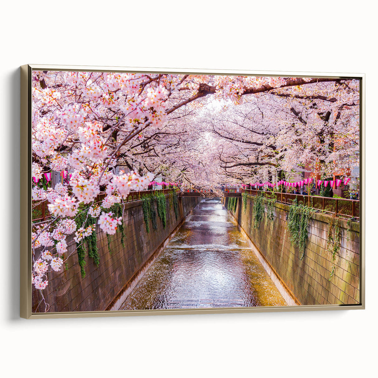 Framed canvas depicting a vintage Japanese landscape in black and gold tones, ideal for bedroom wall decor.