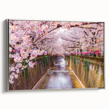 Framed canvas depicting a vintage Japanese landscape scene with colorful art elements on a black background.