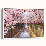 Vintage poster art of a Japanese scenery in vibrant colors on a framed canvas, ideal for living room decor.