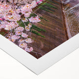 Art deco poster of a Japanese landscape on rolled canvas, featuring muted earth tones, ideal for dining room decor.