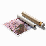 Extra large rolled print of a serene Japanese scenery featuring cherry blossoms in soft pink and white hues.