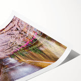 Extra large rolled print of Japanese scenery with line art flowers in muted earth tones.