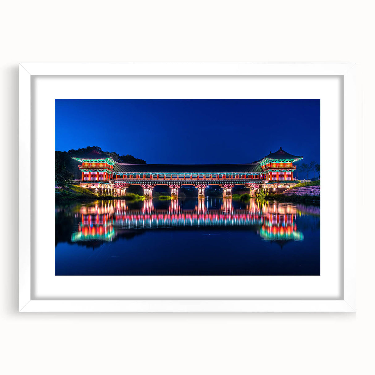 Abstract art print of a Korean landscape in muted earth tones on a framed white mat, ideal for dining room decor.