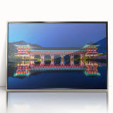 Mid-century modernist art depicting a serene Korean landscape in muted earth tones, framed in silver acrylic.