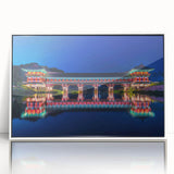 Acrylic print of a serene Korean landscape in muted greens and blues, framed in white.