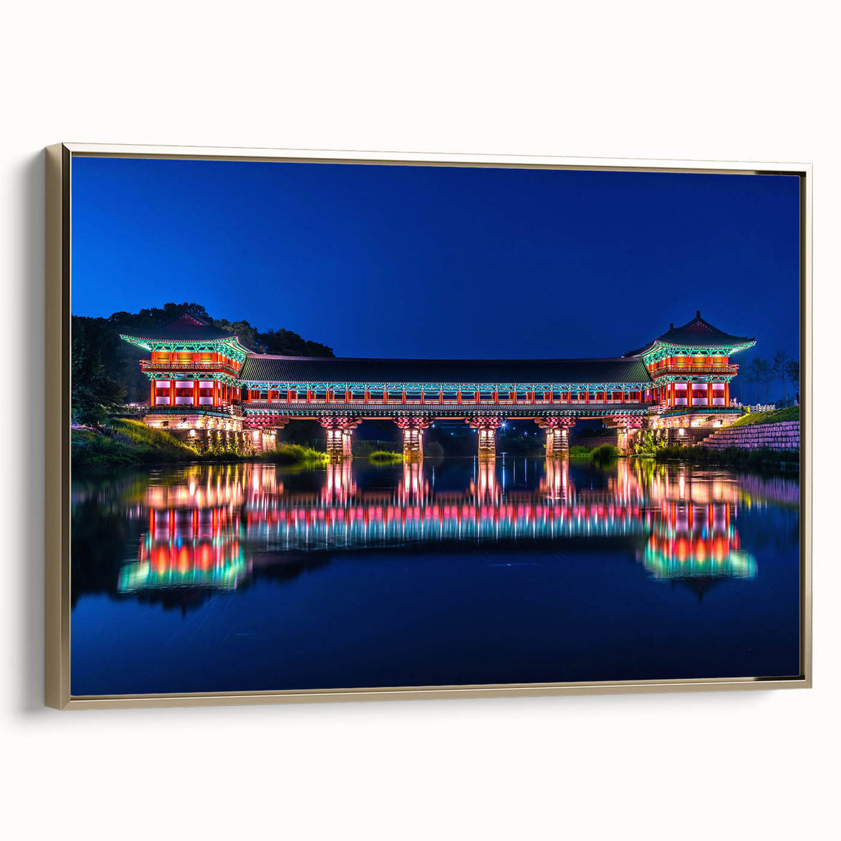 Framed canvas depicting a vintage-style Korean landscape in muted gold and black tones, ideal for bedroom wall decor.