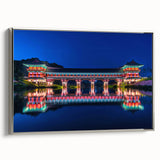 Landscape art painting of a Korean scenery on framed canvas with silver tones and colorful accents.