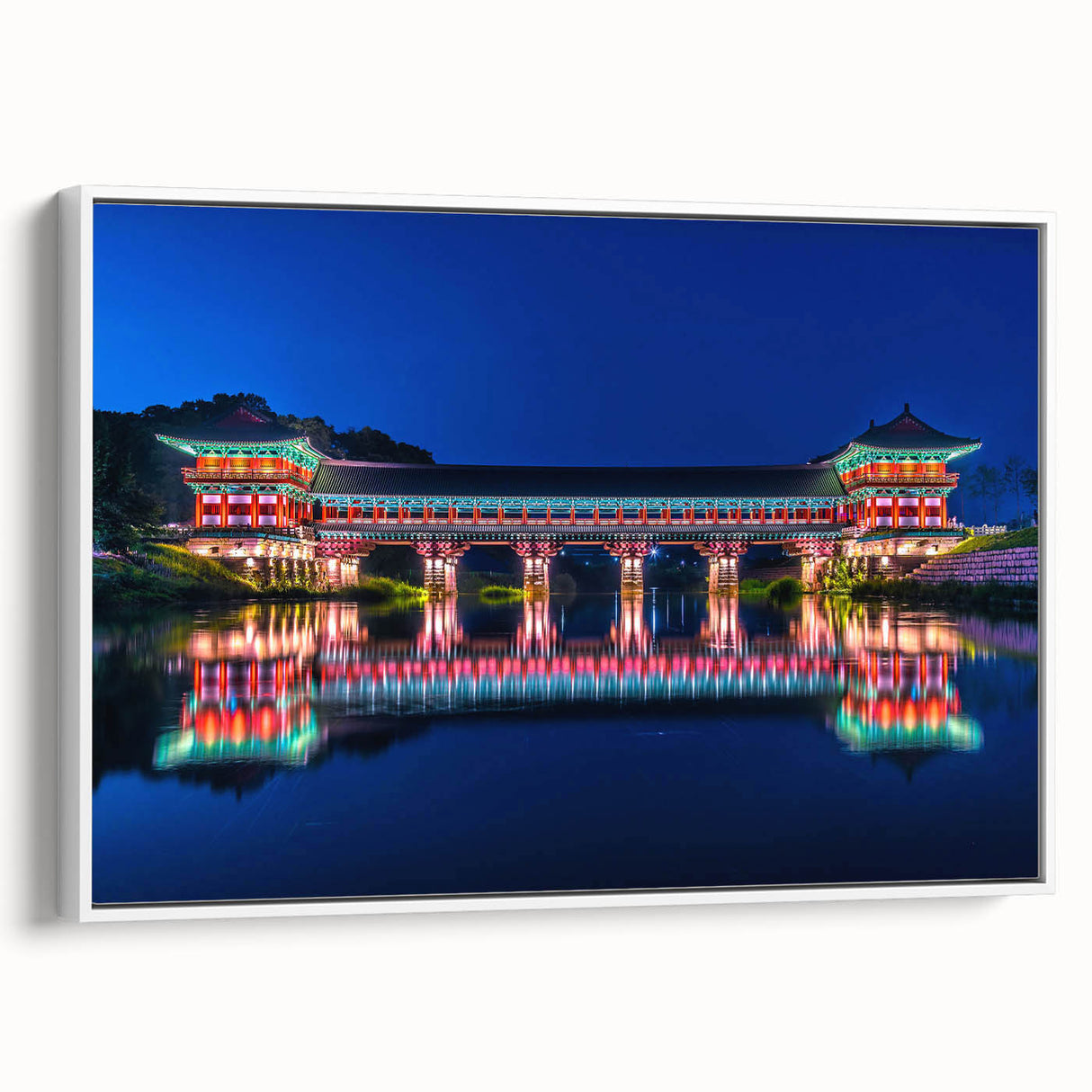 Vintage poster art of a scenic Korean landscape on framed canvas, featuring vibrant colors, ideal for living room decor.