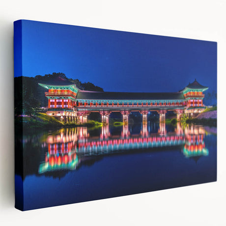 Large canvas print of a serene Korean landscape in muted green and blue tones, ideal for kitchen wall art.