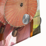 Large abstract wall art depicting a Laos scenery in muted earth tones on acrylic glass, suitable for dining room ambiance.