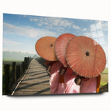 Large abstract wall art depicting an Asian landscape in muted earth tones on acrylic glass.