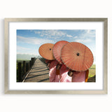 Textured abstract art print depicting a serene Laos landscape in muted earth tones, framed with a silver mat.