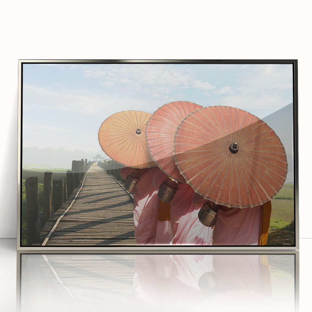 Mid-century modernist art depicting a Laos scenery in muted earth tones on a framed acrylic print.