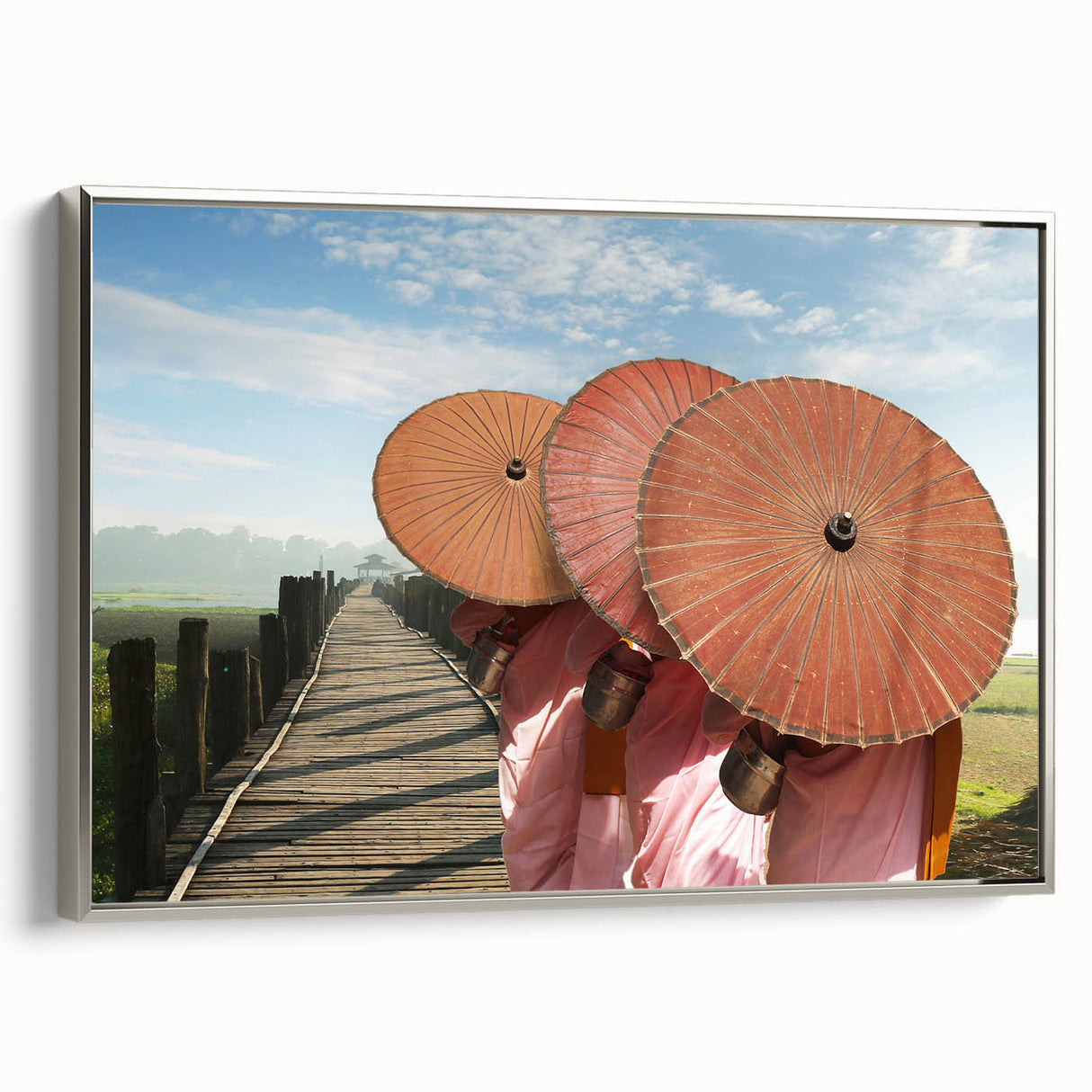 Landscape art painting of a Laotian scenery on framed canvas, featuring vibrant greens and blues.