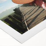 Art deco poster of a serene Laos landscape in muted earth tones on rolled canvas, suitable for dining room decor.