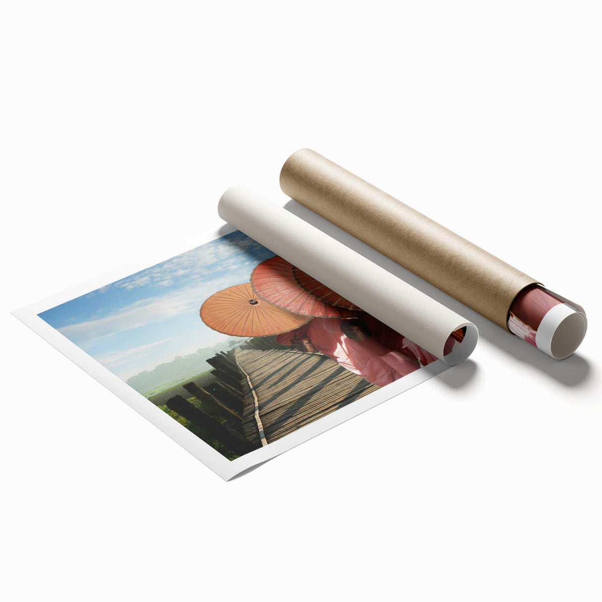 Extra large rolled print featuring a serene Laos landscape with lush greenery and floral elements.