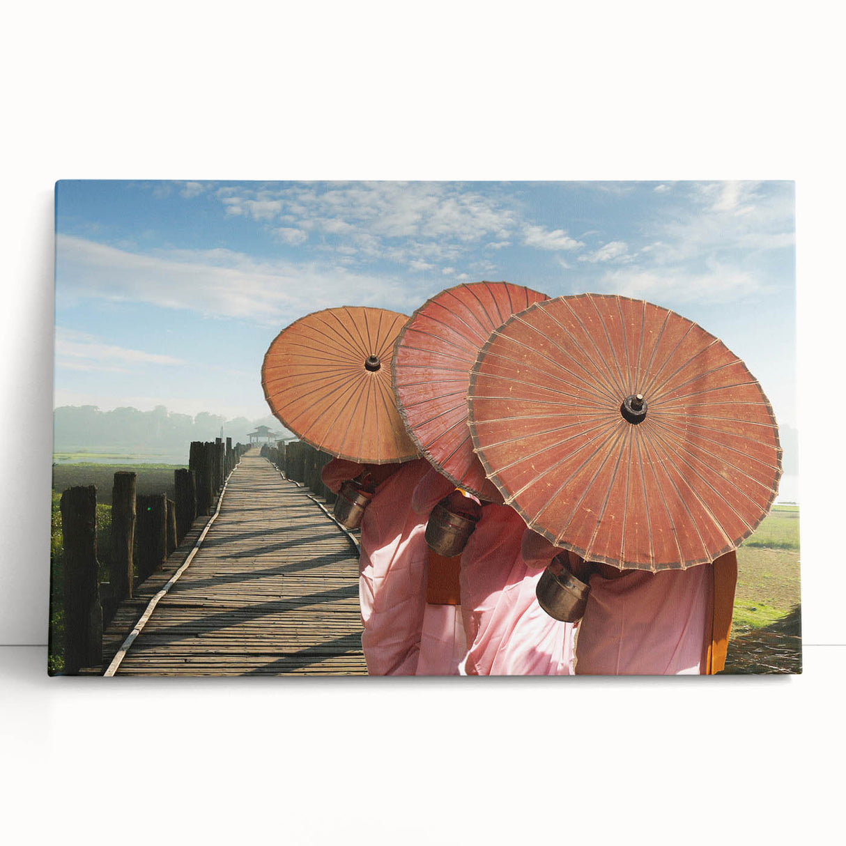 Black and white photograph of a serene Laos landscape on stretched canvas, ideal for kitchen wall art or bedroom ambiance.