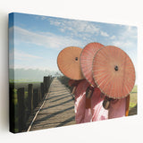 Large art depicting a Laotian landscape in muted earth tones on stretched canvas, suitable for kitchen wall art.