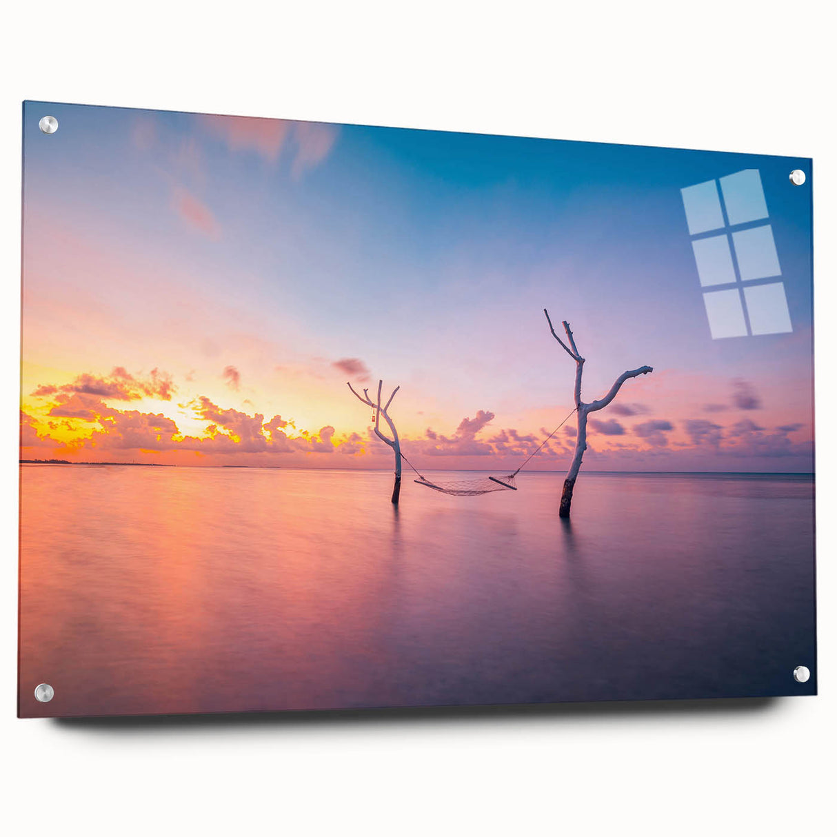 Acrylic print of a large abstract depiction of Maldivian scenery in cool blue and green tones.