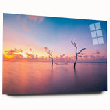 Large abstract wall art of a serene Maldivian landscape in soft blue and white tones on acrylic glass.