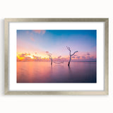 Textured art print of Maldives scenery in muted blue and white tones on a framed silver mat, suitable for bedroom art.