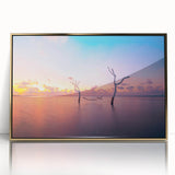 Mid-century modernist style large art print of a serene Maldives beach scene in muted blues and greens, acrylic framed.