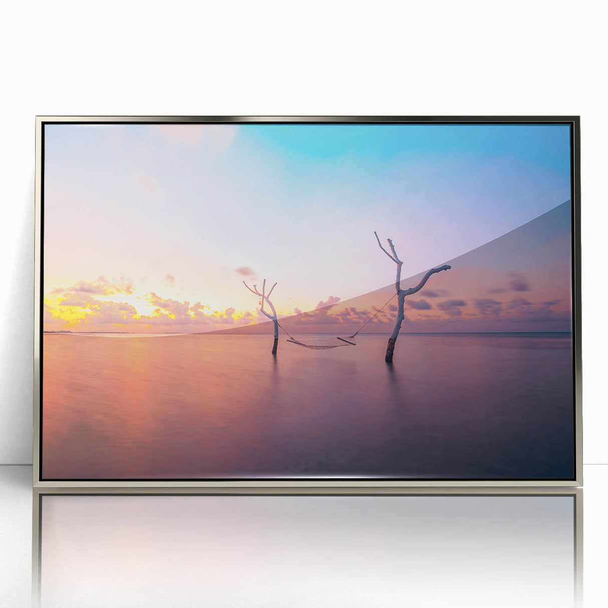 Mid-century modernist art depicting a serene Maldivian landscape in muted blue and silver tones, framed acrylic print.