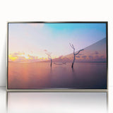 Mid-century modernist art depicting a serene Maldivian landscape in muted blue and silver tones, framed acrylic print.