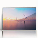 Acrylic print of Maldives scenery in muted blue and white tones, framed in white, suitable for modern art wall decor.