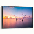 Black and white framed canvas of a Maldivian landscape, ideal for bedroom wall art.