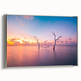 Framed canvas featuring a serene Maldivian landscape with vibrant blue waters and lush greenery, ideal for living room decor.