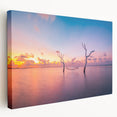 Side view of a large stretched canvas featuring a serene Maldivian beach scene, ideal for kitchen wall art.