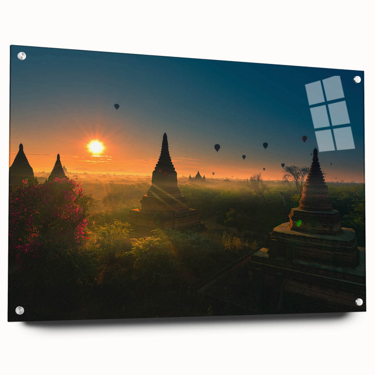 Large abstract wall art of a Myanmar landscape in muted earth tones on acrylic glass, ideal for bedroom or dining room decor.