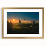 Extra large abstract art print depicting a textured scenery of Myanmar, in muted gold and earth tones, framed with a mat.
