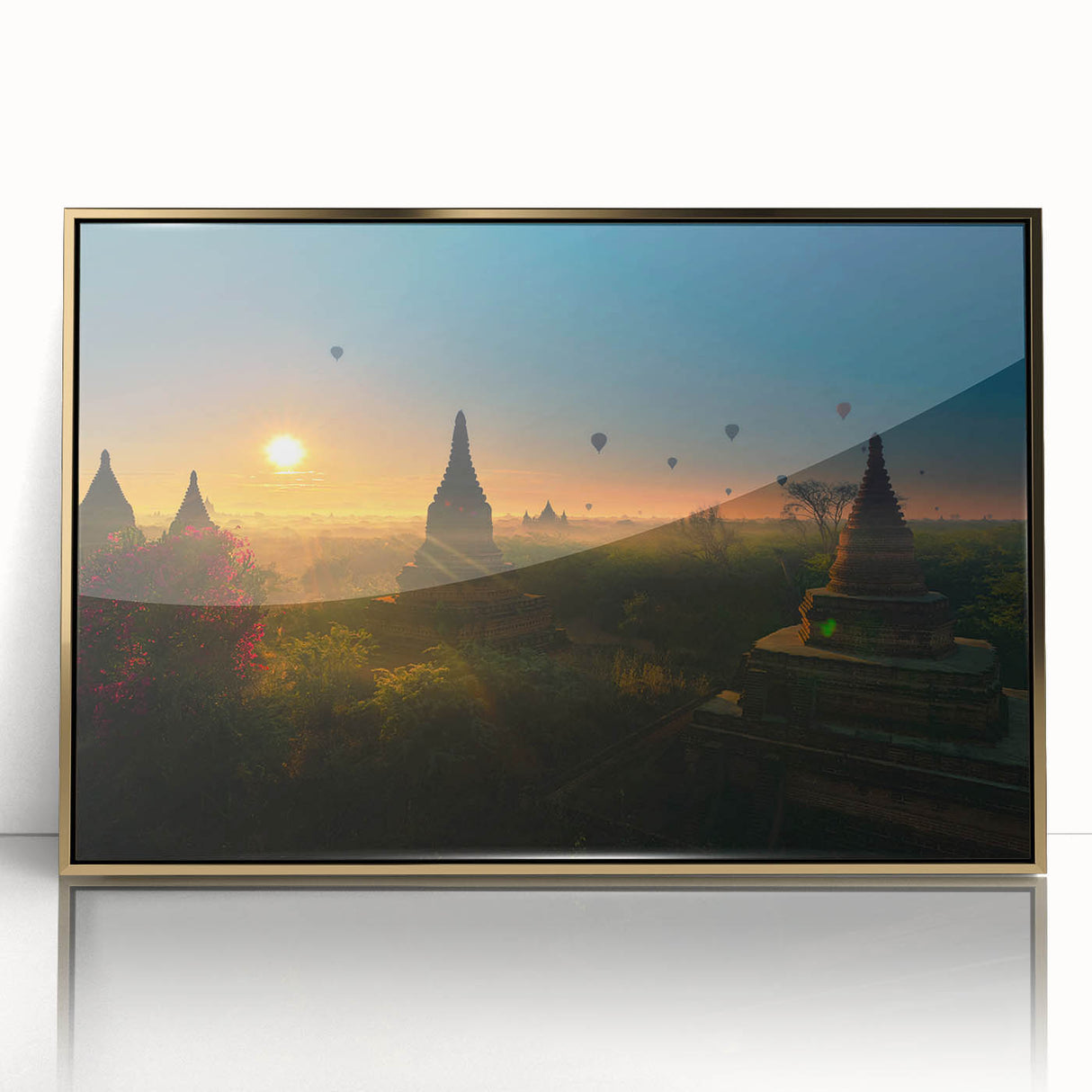 Large art print of a Myanmar landscape, mid-century modernist style in acrylic, framed, with golden hues.
