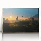 Large art print of a Myanmar landscape, mid-century modernist style in acrylic, framed, with golden hues.