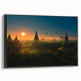 Black and white framed canvas of a Myanmar landscape, featuring vintage poster art style, ideal for bedroom wall decor.