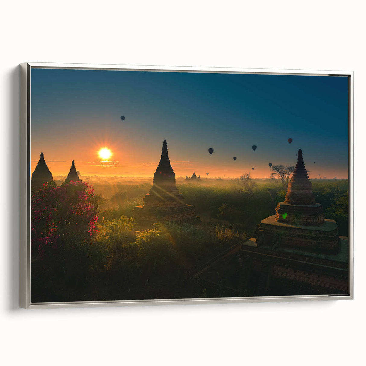 Framed canvas depicting a vintage-style landscape painting of a Myanmar scenery in colorful art tones.
