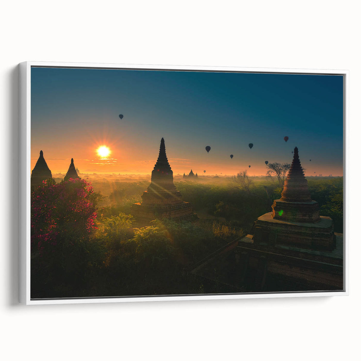 Vintage poster art of a scenic Myanmar landscape on framed canvas, featuring vibrant colors, ideal for living room decor.