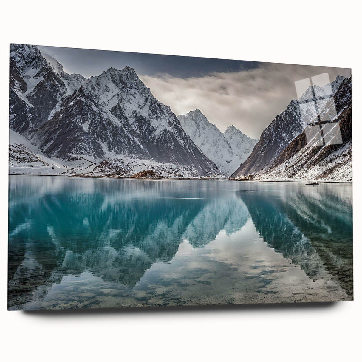 Large abstract wall art depicting a serene Pakistani landscape in muted earth tones on acrylic glass.
