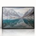 Large abstract wall art featuring a mid-century modernist design in cool blue tones, framed in black acrylic.