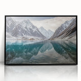 Large abstract wall art featuring a mid-century modernist design in cool blue tones, framed in black acrylic.