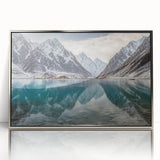 Mid-century modernist acrylic print depicting serene Pakistan landscape in muted earth tones.
