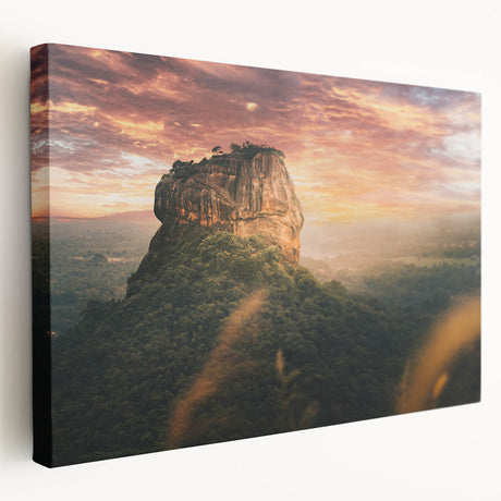 Stretched canvas print of a serene Sri Lankan landscape, featuring lush greenery and a calm lake.