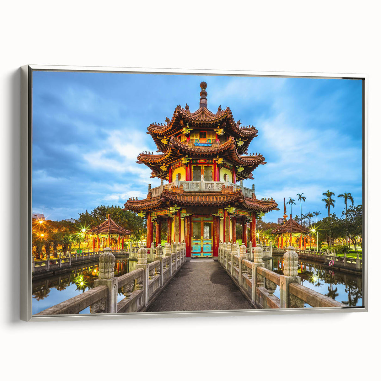 Landscape art painting of Taiwan scenery on framed canvas, featuring vibrant colors against a black background.