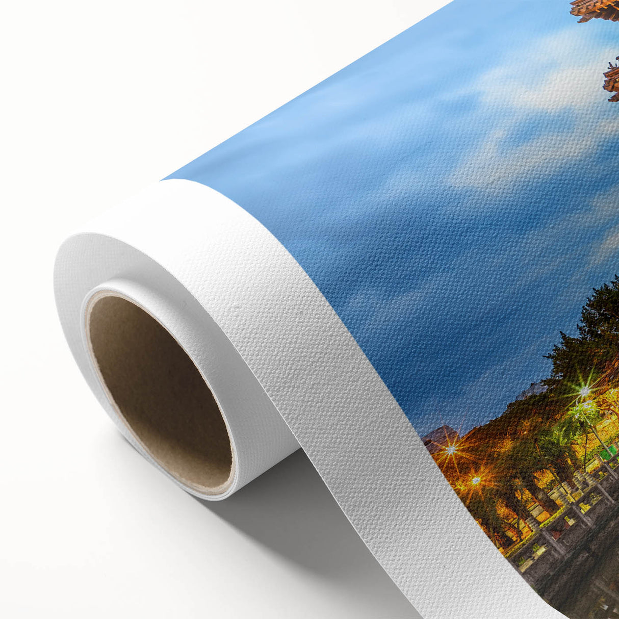 Art deco poster of Taiwan scenery on rolled canvas, featuring muted green and blue tones, ideal for nursery wall art.