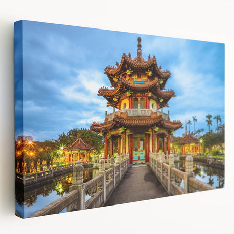 Large stretched canvas featuring a serene Taiwanese landscape in soft green and blue tones, suitable for kitchen wall art.